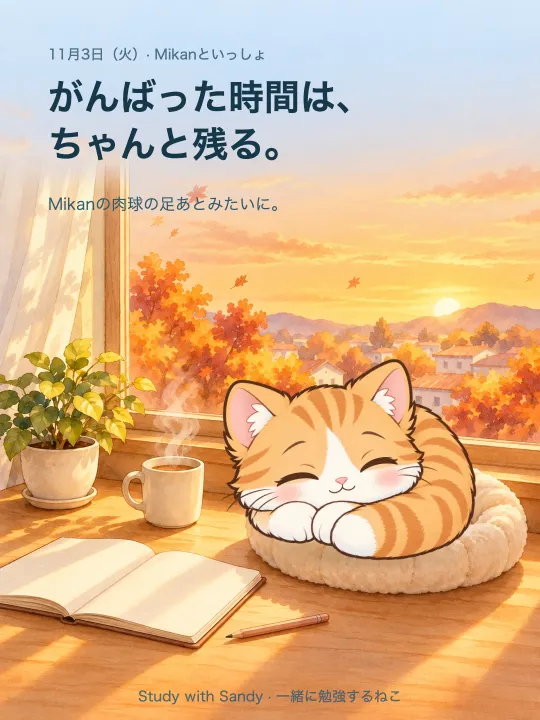 勉強カード:秋の夕暮れの窓辺で眠る茶トラの Mikan。「がんばった時間は、ちゃんと残る。Mikanの肉球の足あとみたいに。」