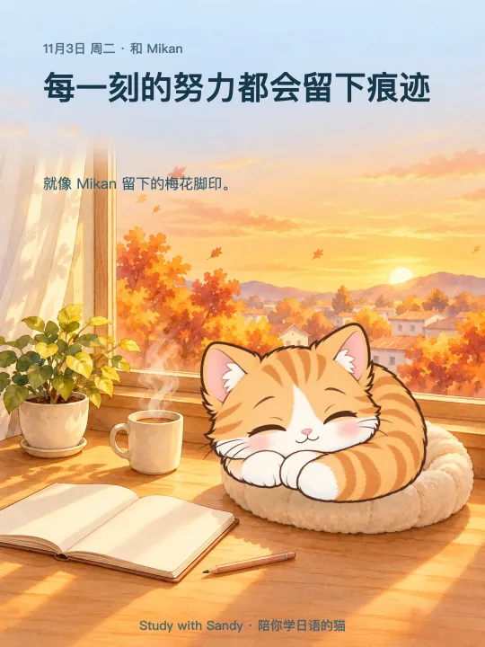学习小卡片:秋日黄昏的窗边,橘猫 Mikan 睡着了。卡片上写着:每一刻的努力都会留下痕迹。就像 Mikan 留下的梅花脚印。