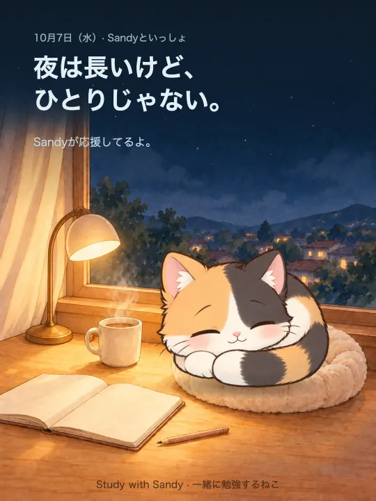 勉強カード:夜のデスクライトの下で眠る三毛猫の Sandy。「夜は長いけど、ひとりじゃない。Sandyが応援してるよ。」