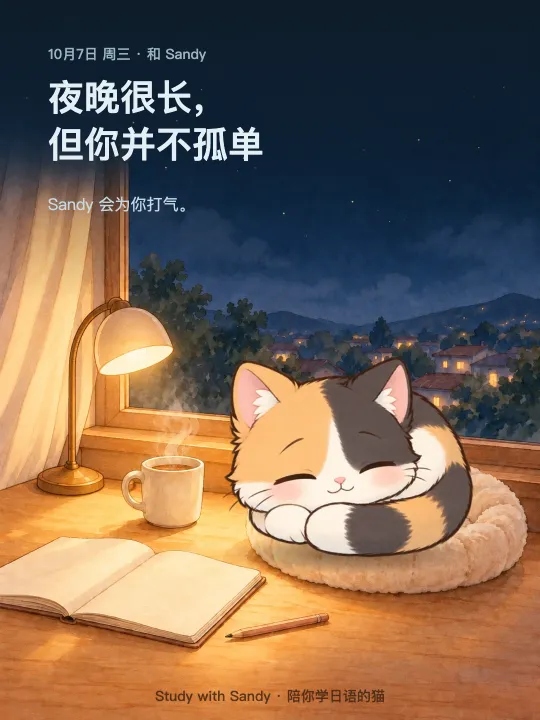 学习小卡片:深夜的台灯下,三花猫 Sandy 睡着了。卡片上写着:夜晚很长,但你并不孤单。Sandy 会为你打气。