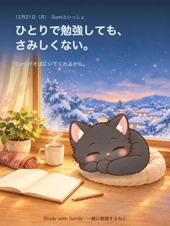 勉強カード:雪の夕方の窓辺で眠る黒猫の Sumi。「ひとりで勉強しても、さみしくない。Sumiがそばにいてくれるから。」