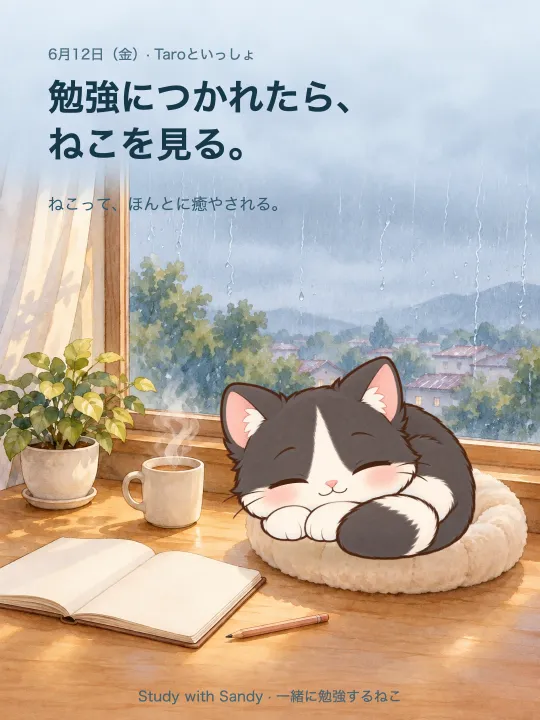 勉強カード:雨の午後の窓辺で眠るハチワレの Taro。「勉強につかれたら、ねこを見る。ねこって、ほんとに癒やされる。」