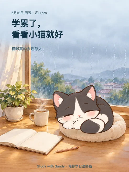 学习小卡片:下雨的午后,窗边,黑白燕尾服猫 Taro 睡着了。卡片上写着:学累了,看看小猫就好。猫咪真的会治愈人。