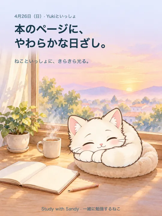 勉強カード:朝の窓辺で眠る白猫の Yuki。「本のページに、やわらかな日ざし。ねこといっしょに、きらきら光る。」