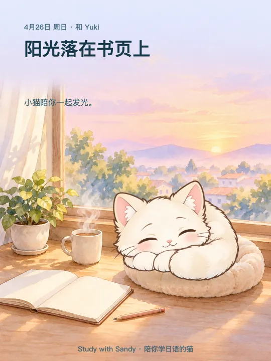 学习小卡片:清晨的窗边,白猫 Yuki 睡着了。卡片上写着:阳光落在书页上。小猫陪你一起发光。